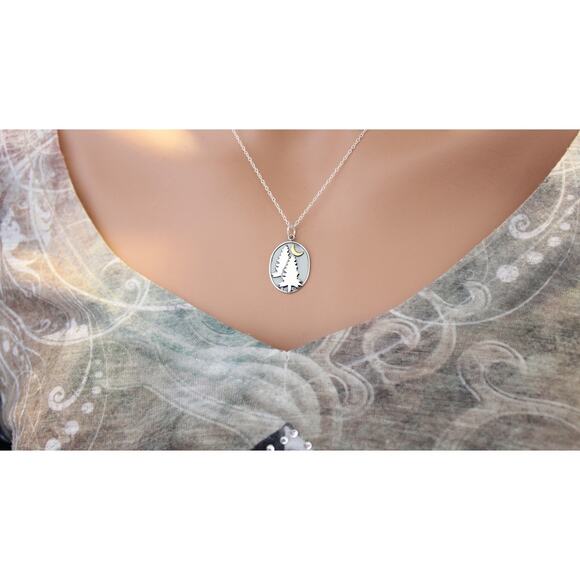 Sterling Silver Pine Tree Charm with Bronze Moon Necklace - Picture 4 of 5
